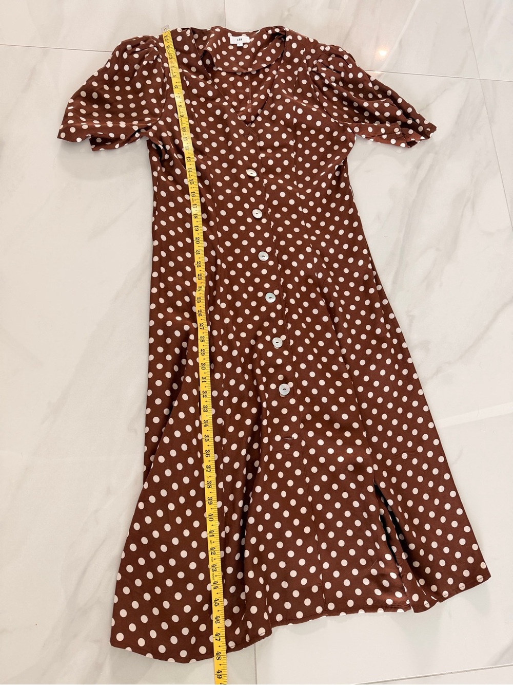 NEVER WORN**LPA Brown and White Polka Dot Wrap Midi Dress - Picture 10 of 13